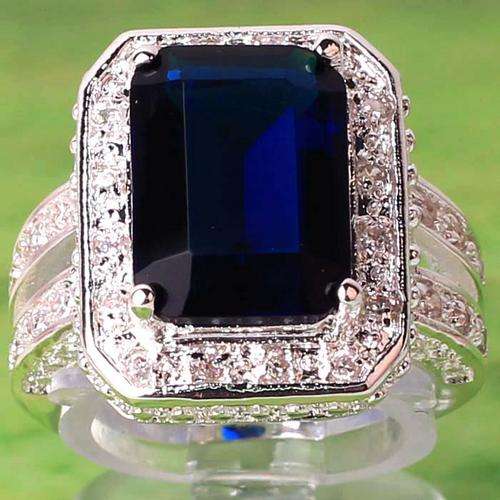 RECTANGULAR BLUE SAPPHIRE CZ RING CRAFTED IN 925 STERLING SILVER & CHAIN