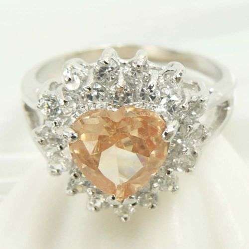HEART SHAPE MORGANITE QUARTZ SURROUNDED BY WHITE QUARTZ RING IN 925 STERLING SILVER