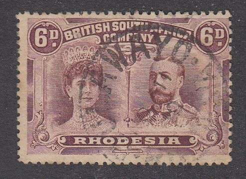 BSAC Rhodesia 1910 Double Heads P14 SG145? 6d Used