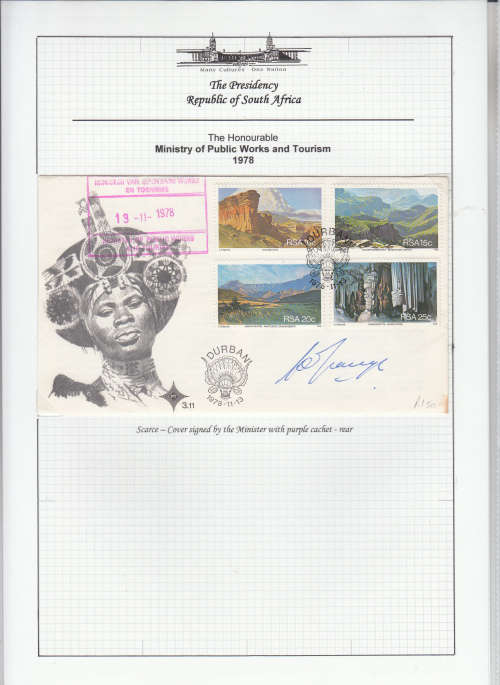 RSA OFFICIAL FDC 3.11 1978: TOURISM IN SA signed BY THE MINISTER OF TOURISM MR LOUIS LE GRANGE