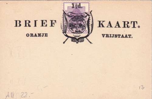 OFS POST CARD "BRIEF KAART" 1892 TWO PENCE UNUSED OVERPRINTED 1 1/2d WITH ARMS DIE 2