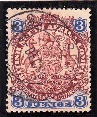 BSAC RHODESIA 1896: DEFINITIVE ISSUE THREE PENCE: DIE I USED (SACC31) - SALISBURY PMK