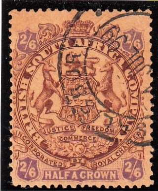 BSAC RHODESIA 1896: DEFINITIVE ISSUE HALF CROWN: DIE II USED (SACC45) - SALISBURY PMK