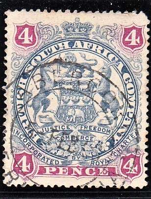 BSAC RHODESIA 1897: ADD. DEFINITIVE ISSUE 4 PENCE USED (SACC62)