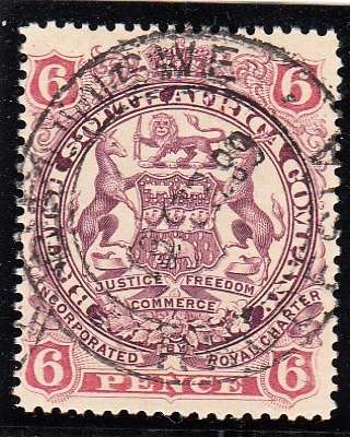 BSAC RHODESIA 1897: ADD. DEFINITIVE ISSUE 6 PENCE USED (SACC63)