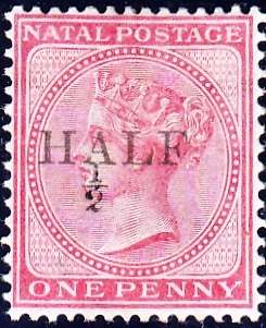 NATAL 1877: QV ONE PENNY SURCHARGED "HALF" MH (SACC86) - 4mm CURLED FOOT