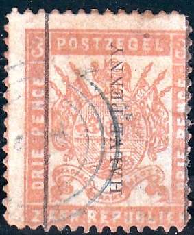 ZAR 2nd REPUBLIC 1885: ARMS 3 PENNY SURCHARGED "HALVE PENNY" UP USED (SACC193)