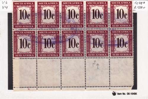 UNION POSTAGE DUE 1961: CURRENCY CHANGED 10c  BLOCK OF 10 USED (SACC49) - VARIETIES