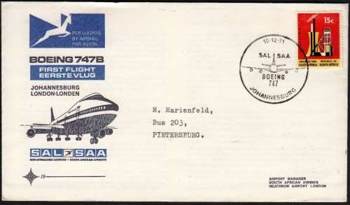 RSA OFFICIAL FDC 19 1971: 1st FLIGHT BOEING 747B BETWEEN JHB and LONDON - ADDRESSED