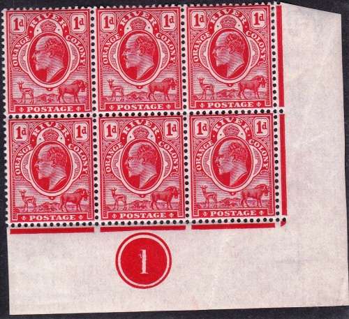 ORANGE RIVER COLONY 1903: KEVII 1d RB CORNER BLOCK OF 6 PLATE 1 MNH (SACC 85)
