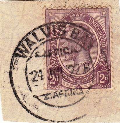 SWA FORERUNNER 1915 - 1923 2d ON PIECE (SACC SA5) - CLEAR WALVIS BAY CANCEL