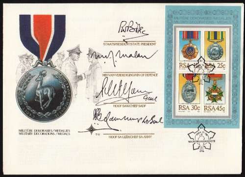 RSA FDC S12 1984: MILITARY DECORATIONS SIGNED BY PRES. PW BOTHA (two dots) AND HIS GENERALS