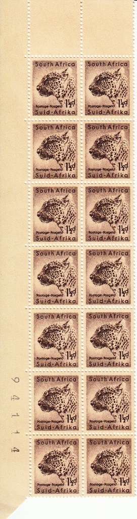 UNION OF SOUTH AFRICA 1954: LEOPARD MARGINAL STRIP OF 14 1 1/2d and SHEET NO. IN BLACK MNH (SACC152)