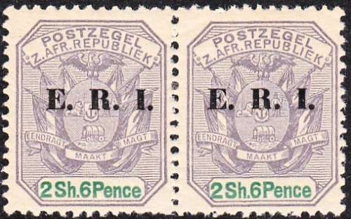 ZAR 2nd BRITISH OCCUPATION 1901: ARMS PAIR 2 SHILLING 6 PENCE OVERPRINTED "E.R.I." (SACC248)