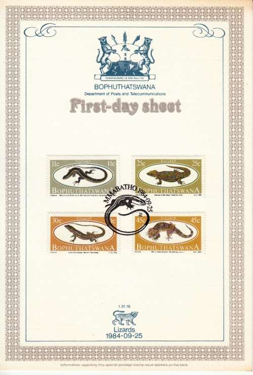 BOPHUTHATSWANA FIRST-DAY SHEET 1.31.16 1984: LIZARDS