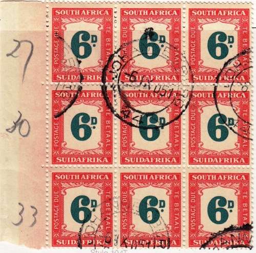 UNION OF SA 1948: 6d POSTAGE DUE MARGINAL BLOCK OF 9 CTO (SACC 37)