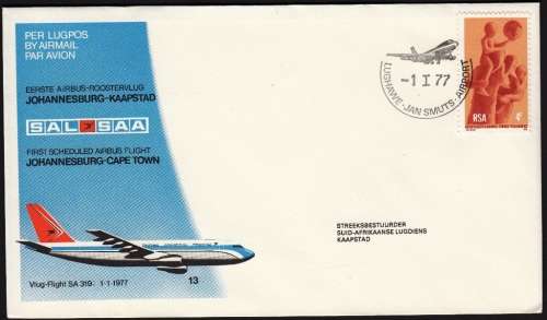 SAA 1977: COVER NO 13a - 1st SCHEDULED AIRBUS FLIGHT JHB - CAPE TOWN - CAPE TOWN ON TOP BACK STAMP