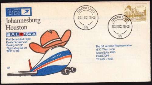 RSA 1982: SAA COVER NO 37 - 1st FLIGHT BOEING 747SP  JHB - HOUSTON (SLOGAN AT BACKSTAMP)