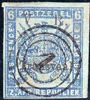 ZAR 1st BRITISH OCCUPATION 1878: 6d BLUE ON BLUE PAPER - IMPERFORATE USED (SACC122)