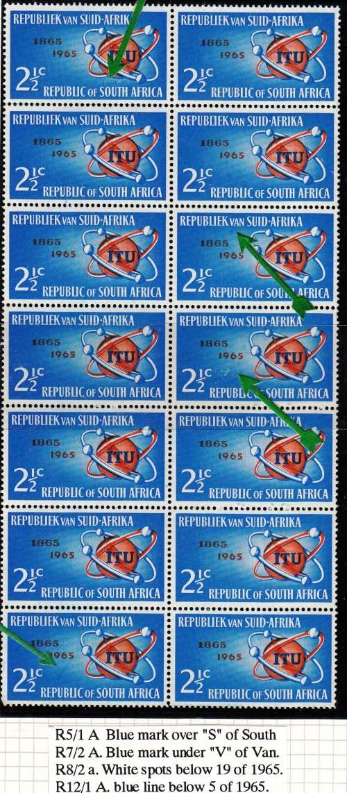 RSA 1965: ITU CENTENARY 2 1/2c BLOCK OF 14 MNH (SACC250) - VARIETIES SEE NOTES