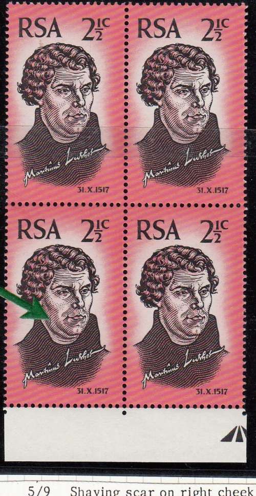 RSA 1967: 450th ANNIVERSARY OF REFORMATION 2 1/2c BLOCK OF 4 MNH (SACC274) - VARIETY SEE NOTES