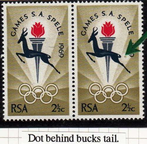 RSA 1969: SA GAMES BLOEMFONTEIN 2 1/2c PAIR MNH (SACC283) - VARIETIES SEE NOTES