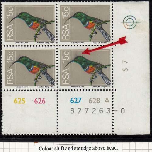 RSA 1974: 2nd DEFINITIVE ISSUE 15c CONTROL BLOCK MNH (SACC369) - VARIETIES SEE NOTES