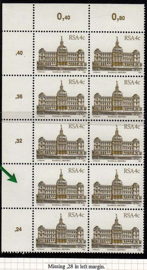 RSA 1982: 4th Definitive Issue 4c BLOCK OF 10 MNH (SACC518) - VARIETY SEE NOTE BELOW