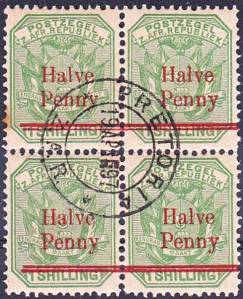 ZAR 2nd REPUBLIC: ARMS 1/2d ON 1s SURCHARGED "HALVE PENNY" BLOCK OF 4 CTO on 19 APR 1897 (SACC219)