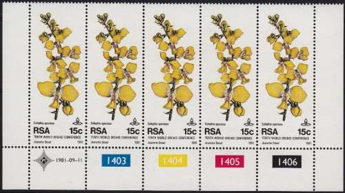 RSA 1981: 10th WORLD ORCHID CONFERENCE FULL SET CONTROL STRIPS OF 5 MNH (SACC 502-5)