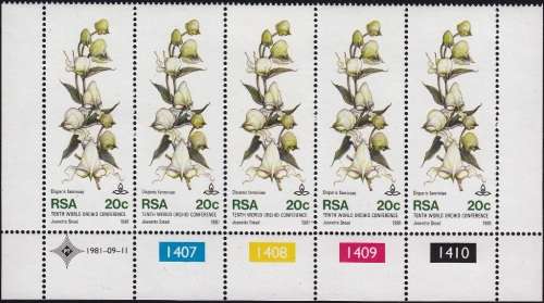 RSA 1981: 10th WORLD ORCHID CONFERENCE FULL SET CONTROL STRIPS OF 5 MNH (SACC 502-5)