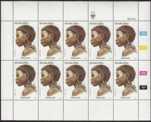 SWA 1984: TRADITIONAL HAIRDRESSES (2nd SERIES) 25c FULL SHEET OF 10 MNH (SACC439)
