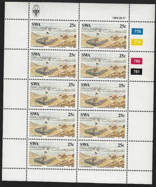 SWA 1984: CENTENARY OF GERMAN COLONISATION 25c FULL SHEET OF 10 MNH (SACC442)