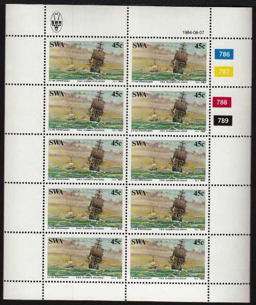 SWA 1984: CENTENARY OF GERMAN COLONISATION 45c FULL SHEET OF 10 MNH (SACC444)