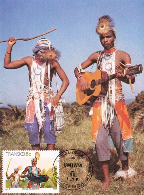 TRANSKEI POSTCARD 1984: 2nd DEFINITIVE ISSUE 6c MUSICIANS STAMP - UNUSED CTO