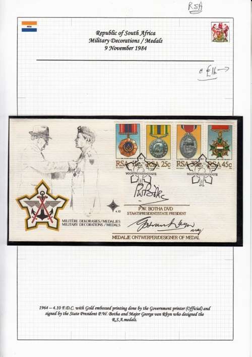 RSA FDC 410 1981 MILITARY DECORATIONS SIGNED BY PRES PW BOTHA (2 dots) and DESIGNER - SEE NOTES