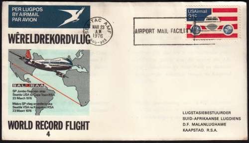 SAA COVER NO 4 1976 - WORLD RECORD FLIGHT NON STOP FROM SEATTLE TO CAPE TOWN
