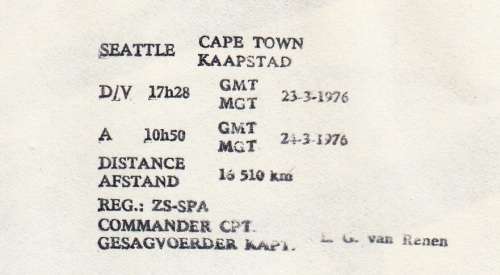 SAA COVER NO 4 1976 - WORLD RECORD FLIGHT NON STOP FROM SEATTLE TO CAPE TOWN