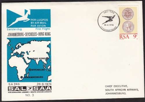 SAA COVER NO 3 1974: FIRST FLIGHT JHB VIA SEYCHELLES TO HONG KONG