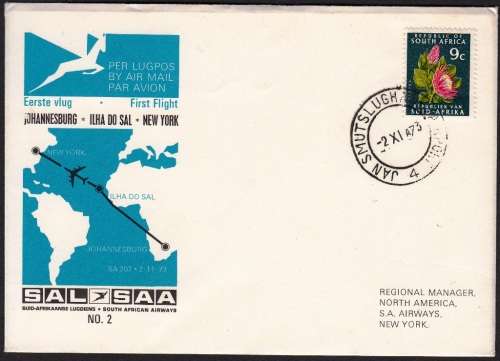 SAA COVER NO 2 1973: FIRST FLIGHT JHB VIA ILHA DO SOL TO NEW YORK