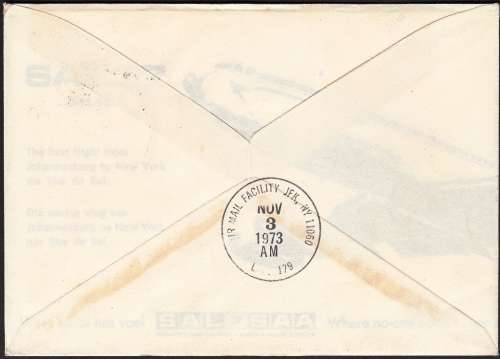SAA COVER NO 2 1973: FIRST FLIGHT JHB VIA ILHA DO SOL TO NEW YORK