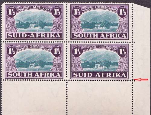 UNION OF S. A. 1939: 250th ANNIV. OF HUGUENOT LANDING IN SA 1 1/2d BL OF 4 MNH (SACC83) - VARIETY