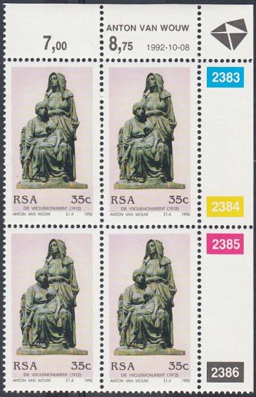 RSA 1992: 130th BIRTH ANNIVERSARY OF ANTON VAN WOUW FULL SET CONTROL BLOCKS OF 4 MNH (SACC 785-788)
