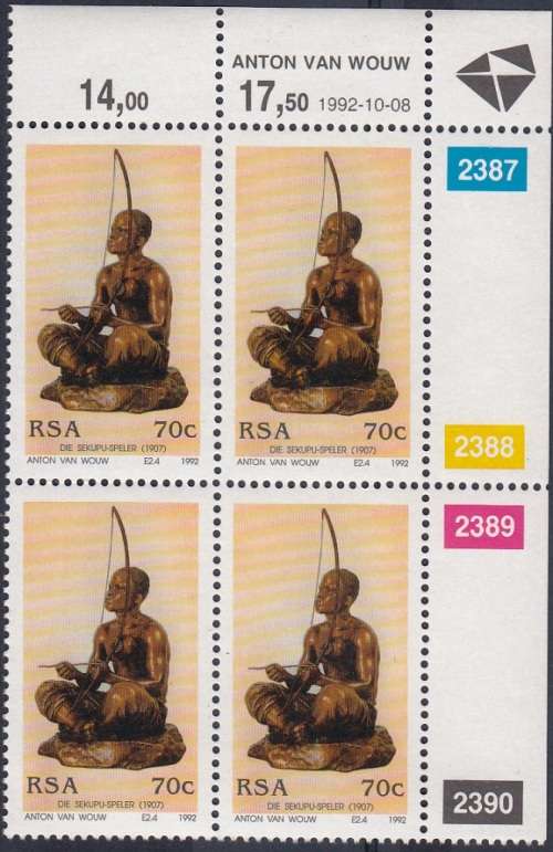 RSA 1992: 130th BIRTH ANNIVERSARY OF ANTON VAN WOUW FULL SET CONTROL BLOCKS OF 4 MNH (SACC 785-788)