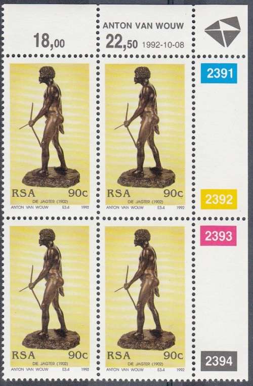 RSA 1992: 130th BIRTH ANNIVERSARY OF ANTON VAN WOUW FULL SET CONTROL BLOCKS OF 4 MNH (SACC 785-788)
