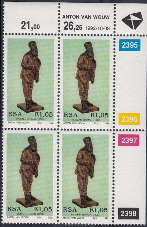 RSA 1992: 130th BIRTH ANNIVERSARY OF ANTON VAN WOUW FULL SET CONTROL BLOCKS OF 4 MNH (SACC 785-788)