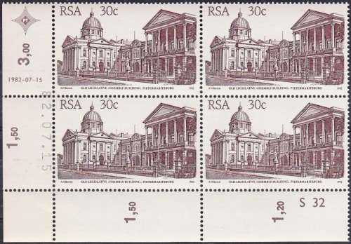 RSA 1982: 4th DEFINITIVE ISSUE 30c CONTROL BLOCK CYLINDER S32 MNH (SACC 528)