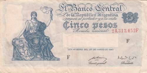 ARGENTINA 5 PESO BANKNOTE 1947