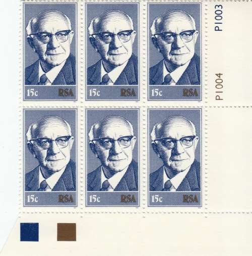 RSA 1975: INAUGURATION OF STATE PRES. DIEDERICHS 15c CONTROL BLOCK OF 6 MNH (SACC382)