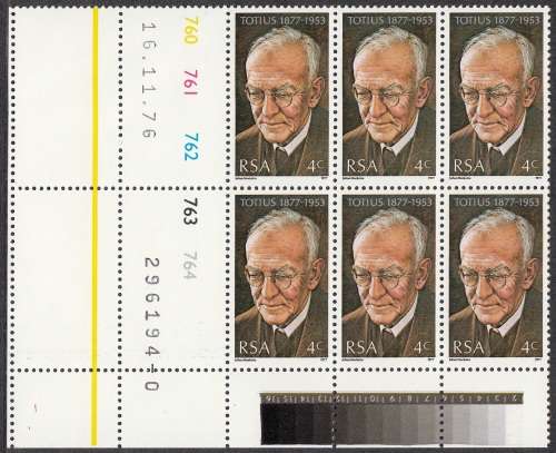 RSA 1977 BIRTH CENTENARY OF PROF J du TOIT THEOLOGIAN AND POET CONTROL BLOCK OF 6 MNH (SACC 416)